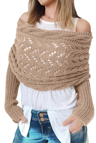 CCAIPU Damen Winterschal mit Ärmeln, Weiche Schals und Wraps mit Ärmeln, Gestrickte Kabel Wrap Hollow Verlängernde Doppel Ärmel Schal Schal (Karamell)