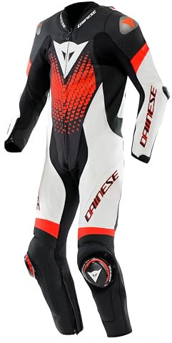Tuta in pelle traforata in nero, bianco, rosso con accenti fluorescenti, taglia 48 Dainese