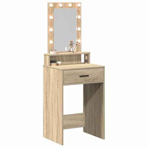vidaXL Sonoma Ek Sminkbord med Spegel och LED-belysning | Modern Sminkmöbel för Sovrum Kompakt Förvaringslösning Inbyggda Lampor Konsol Makeupstation Stilren Enhet Vårdmöbel