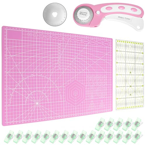 QWORK® 45 mm Cortador de Giratorio Tela Set, Alfombrilla de Corte A3, Cuchillas de Repuesto, Pinzas de Tela y Regla de Patchwork, para escuelas y familias
