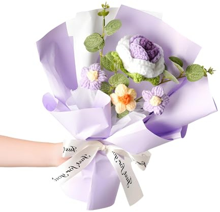 EujRcf Crochet Flower Bouquet, Handmade Knitted Rose Bouquet, Versatile Ornament, Knitted Artificial Flowers for Girl, Women, Moms, Teachers, and Loved Ones (Purple)
