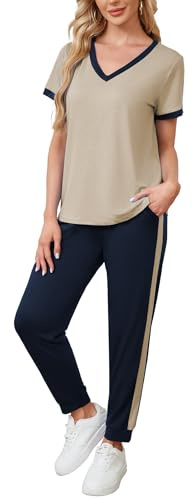 Famulily Womens Tracksuit Sets Summer Going Out V Neck Tops and Casual Elastic Jogger Pants with Pockets Beige XXL
