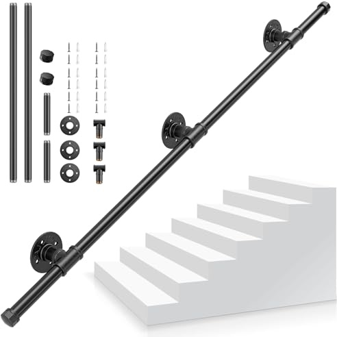 Corrimano per Scale, Aomdom Ringhiera per Scale Passamano per Scale Interne, Corrimano Scale Nero con Tubo in Acciaio Zincato Industriale Antiscivolo Antiruggine per Cucina Bagno Giardino, 1,2M
