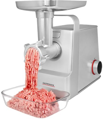 GASTROBACK Design köttkvarn 6-i-1 Plus #6 elektrisk köttkvarn med 700 W återgående munstyckesmunstycksfäste, korvfyllare, kebbfäste, hamburgarpress, rostfritt stålhölje, tillbehörsficka