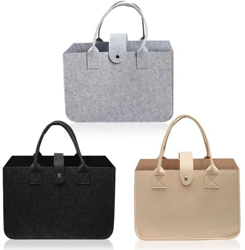 CZMTBO 3 Pcs Felt Shopping Bags with Handle, 30×20×18 cm Foldable Felt Storage Basket Thick Portable Felt Tote for Shopping Large Storage Feltbag for Picnic Camping