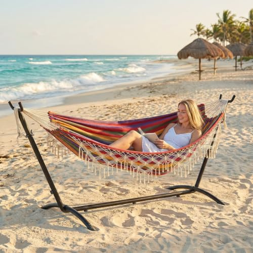 Mondeer Hamac bohème pour 2 Personnes avec Support,Réglable en Hauteur, hamac Double avec Franges et Cadre métallique, idéal pour terrasse, Jardin et Balcon,Rouge
