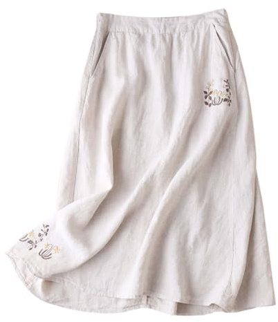 Générique Jupe Femme Fluide en Coton et Lin Brodée Haute Élastique Style Boho Décontracté Trapèze Mi-Longue