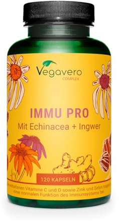 Complejo Defensas Inmunitarias | 100% NATURAL | 120 Cápsulas | Vitamina C, D3 + Equinácea + Zinc + Selenio + Jengibre | Immu Pro Complex | Sin Additivos y Vegano | Vegavero