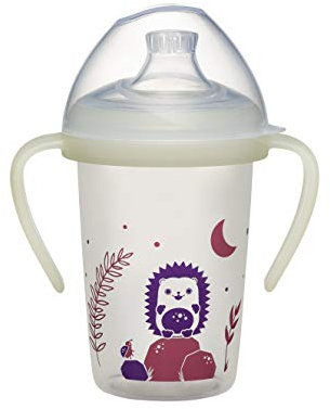 NIP Trinklernflasche Day&Night: auslaufsicherer Trinkbecher mit Griff & weichem Trinkschnabel, leuchtet im Dunkeln, ab 6 Monaten, 270 ml, BPA-frei, Igel