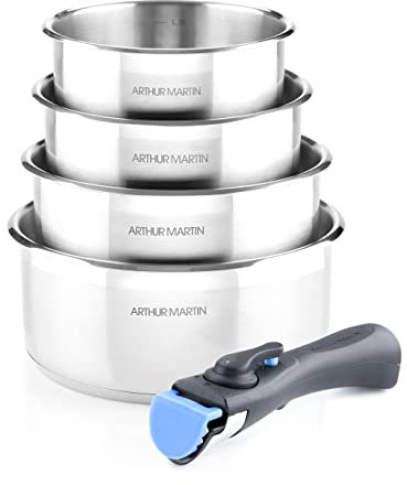 Batterie de Cuisine 5 Pièces en Aluminium Forgé, Intérieur Satiné avec Graduation, Fond Capsule, 1 Poignée Amovible, tous Feux dont Induction - 4 Casseroles (14-20 cm) - Arthur Martin 5589