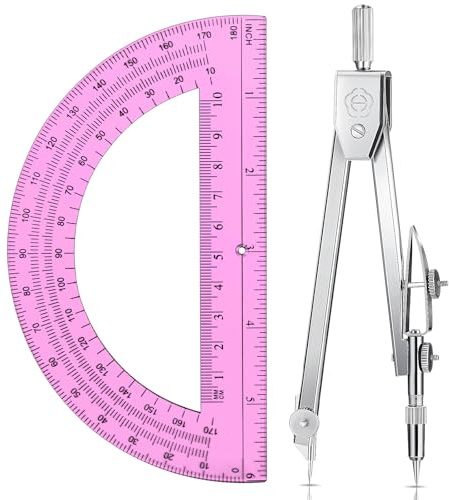 Zonon Student Protractor and Compass Set, Student Geometry Math Set, Compass for Geometry and 180 Degree 6 Inch Protractor for Drawing Measuring School Office (1 Pcs,Pink)