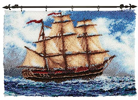 VIONNPPT 3D Ocean-Serie Teppich Latch Hook Kit Knüpfen Set für Erwachsene oder Kinder Zum Selber, DIY Knüpfteppich Geschenk, Knüpfhaken Set mit Vordruck (Segelboot,50cmx38cm)