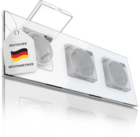 PULSAR Steckdose Unterputz Weiß Glas - mit Deckel und gehärtetem Glasrahmen - Wandsteckdose 3-Fach mit Klappdeckel 230V 16A für Feuchtraum