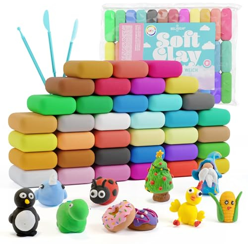 Belissia Kids Soft Clay Spiel Ton | 36 Farben á 10 Gramm | weiche, dehnbare Modelliermasse | lufttrocknend - inkl. Werkzeuge | für Schleim, Knete, Cosplay und Modellierarbeiten
