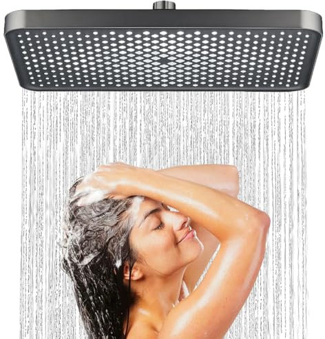 JINYOMFLY Soffione Doccia Rettangolare 32CM, Soffione per Doccia Pioggia, Soffione Doccia Moderni Universale Girevole a 360 °, Soffione Doccia Alta Pressione con Getti in Silicone Anticalcare (Nero)