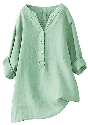 Leinenbluse Damen Sommer Kurzarm, Tunika Longbluse Button-Down Übergröße Musselin Atmungsaktive Tops, Grün, L