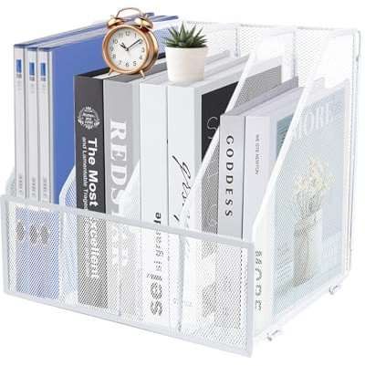 HMXLJJY Mesh metall A4 tidningsfilhållare, skrivbord 4 sektioner dokumenthållare kontor fil förvaringsställ för skrivbord prydligt, pappersorganiserare, arkiveringsställ, 4 fack, (vit)