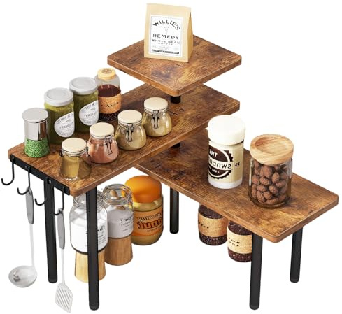 IBUYKE Scaffale Angolare per Cucina,portaspezie a 3 ripiani,organizer per riporre spezie, 4 ganci laterali,Organizzatore da appoggio,per cucina, bagno, bancone, mobile,marrone,TLJ023H