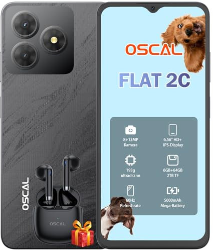 OSCAL Telephone Portable,Flat 2C Android 14 Telephone,6Go+64Go/TF 2To, Octa Core, 6.56 HD+,Batterie 5000mAh Smartphone Pas Cher,13MP+8MP,4G Smartphone, Face ID/Dual SIM/GPS/2Ans De Garantie -Noir