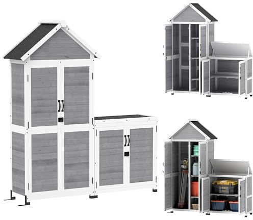 Outsunny Abri de Jardin + Armoire de Rangement en Bois, cabane de Jardin extérieur intérieur avec Toit incliné en Asphalte, étagères et Portes verrouillables, Armoire à Outils pour Balcon, Gris