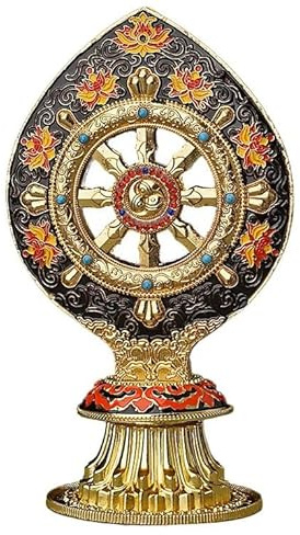 Estatua decorativa tibetana de la rueda del Dharma, oro y negro, 17 cm de altura, adorno de arte budista con diseño de loto