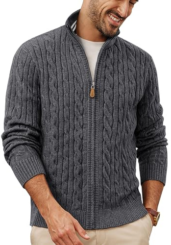 PJ PAUL JONES Strickjacke Herren mit Reissverschluss Stehkragen Cardigan Zopfmuster Dunkelgrau XL