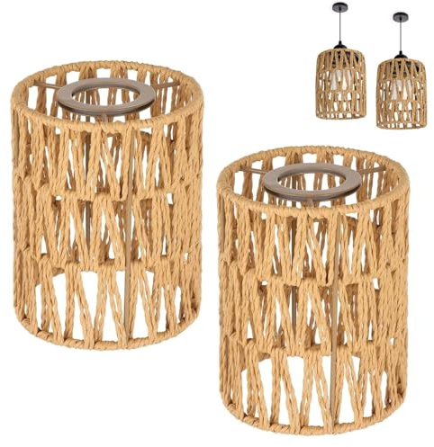 2 PCS Woven Lampshade, Rattan Lampshade Pendant Light Shade Boho Style Ceiling Pendant Lamp Cover Vintage Wicker Lamp Shades for Living Room Kitchen Hallways