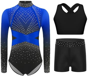 Alvivi Mädchen Turnanzug Glitzer Gymnastikanzug mit Shorts Haarband Ballettanzug Blau 146-152