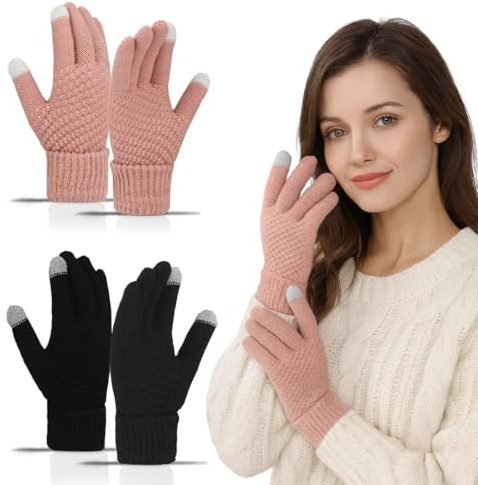 OIXEYA 2 Paires Gants d'hiver chauds pour femme avec écran Tactile, Gants Mitaines Tricotées pour Ski Vélo Conduite Outdoor Sport（Noir, Rose）