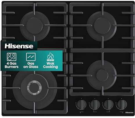 Hisense GG663BHF Built-in 60cm Gas Hob - Stainless Steel with 4 Cooking Areas, Easy Clean Surface, One-Hand Ignition, 60 x 52 x 8.9 cm (L x W x H)