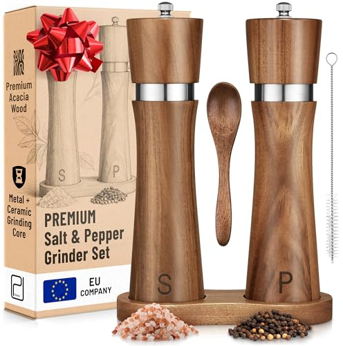 Juego de Molinillos de Sal y Pimienta de Madera de Acacia con Bandeja - 60 g cada uno - Molinos Manuales Altos Rellenables para Granos de Pimienta, Sal y Especias - por PJC-Kitchen