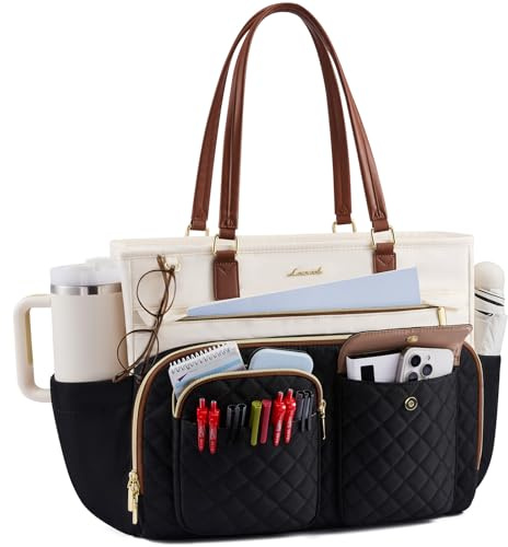 LOVEVOOK Teacher Tote Bag for Women Work, Laptop Bag with Large Cup Holder, Nurse Bag with Multi Pocket, Water-Resistant Business Travel Computer Briefcase Handbag Diaper Bag Mother Gift, 15.6 Inch