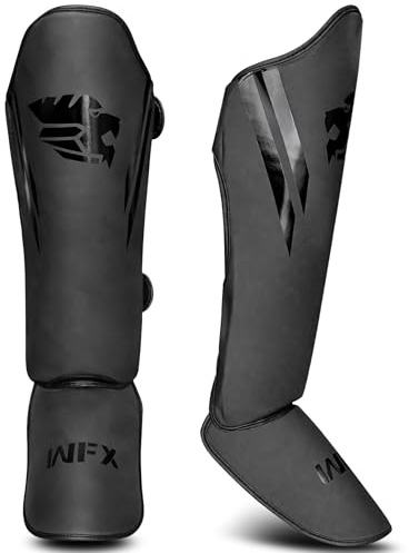 WFX Muay Thai Shin Guards for MMA, Kickboxing & Martial Arts, High Impact Shin & Instep Protection, Durable Lightweight Design, Adjustable Secure Fit MMA Shin Guards for Training (Black, S/M)