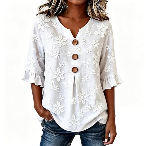 Generisch Blusa de túnica para mujer, manga 3/4, cuello en V, bordado, con volantes, ajuste holgado, monocolor, estilo bohemio, camiseta de verano, elegante, festiva, vintage, bordado, blusa