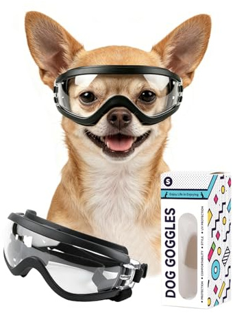 PETLESO Lunettes de soleil pour petits chiens, protection UV, imperméables, coupe-vent avec ventilation anti-buée et sangles réglables, pour équitation et conduite, transparent, taille S