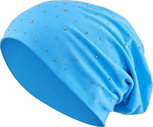 Jersey Baumwolle elastisches Long Slouch Beanie Unisex Herren Damen mit Strass Stern Steinen Mütze Heather in 35 (7) (Turquoise)