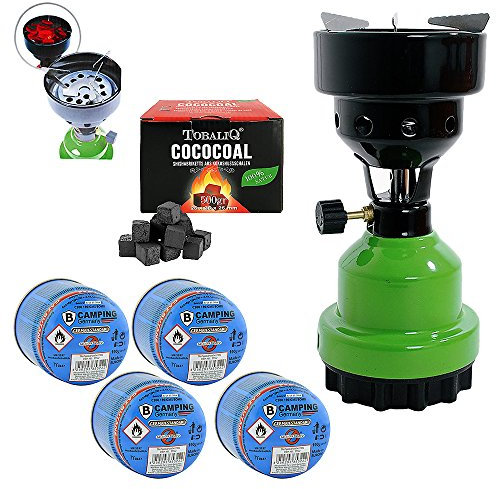 Mianova Campingkocher Camping Kocher Shisha Kohleanzünder Notfallkocher Grill Anzünder Gaskocher Gaskartuschen mit 4 Kartuschen Gasflaschen Kohle Grün
