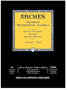 Arches 1795225 Akvarellblock huvudlimmade 15 ark – A3, 185 g/m² grovkorn-naturvit för vattenfärger, akrylfärger och gouache