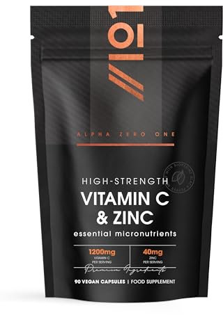 Vitamin C 1200mg Zinc 40mg - 90 Capsules - High Strength Immune Support – 2 Month Supply - Resealable and Recyclable Pouch – by Alpha01