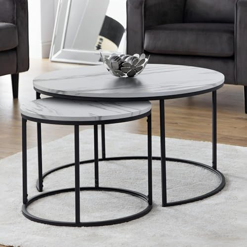 Julian Bowen Bellini Nesting Coffee Table - Set of 2 Nest Tables for Living Room, Round White Marble Effect Centre Table w/ Industrial Black Metal Legs for Small Spaces - 45 x 80cm