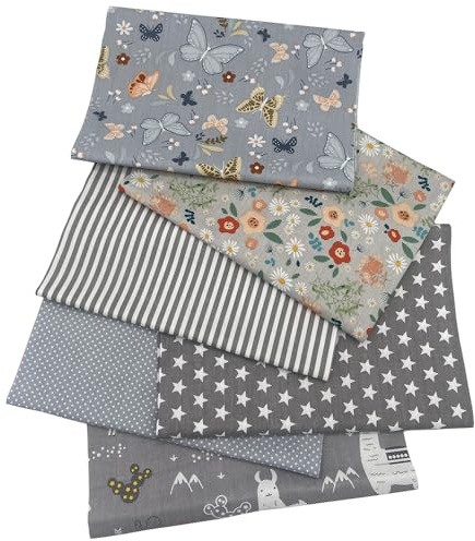 Jukway 6 Stück Baumwollstoff Meterware 50 x 50 cm Patchwork Stoffe zum Nähen Quilten DIY Dekoration Basteln Handwerken, Reine Baumwolle Stoff Bedruckte Mustern Stoffpakete (Grau)