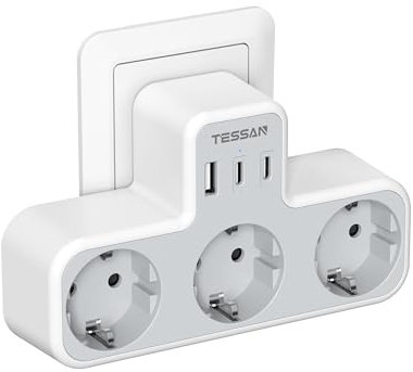 TESSAN 6 en 1 Ladron Enchufe Plano con 2 USB C, Triple Enchufe Multiple con 3 USB, 3 Tomas Cargador Multiple para Phone, Regleta Pared para Casa, Oficina, 3600W, Gris