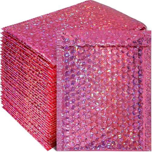 30 Pieces Holographic Bubble Mailers Padded Mailer Holographic Bubble Mailers Padded Envelopes Self Sealing Cushion Envelopes for Mailing, Shipping and Packing(Rose Red, 11 x 7 Inch)