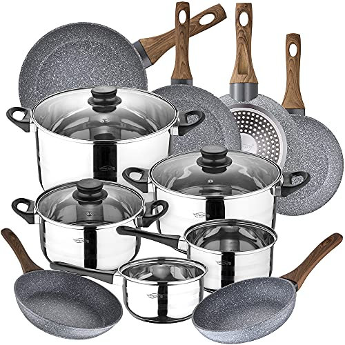 SAN IGNACIO Toledo Kochgeschirr-Set, 8-teilig, Edelstahl, mit Pfannen-Set (18/20/22/24/26/28 cm) Daihonig, aus geschmiedetem Aluminium