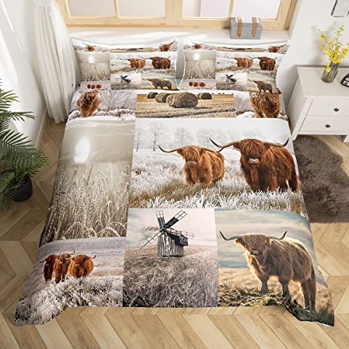 Loussiesd Highland Cattle Bedding Set Women Men Farm Highland Cow Duvet Cover for Boys Girls Bedroom Farmhouse Comforter Cover Set Windmill Cereals Farm Animal Quilt Cover Double Size