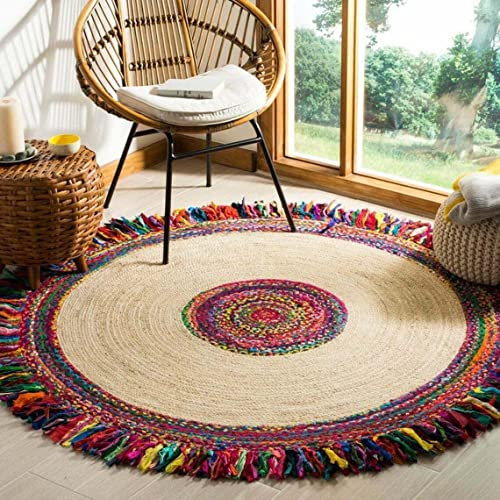 Runder Teppich aus Jute und Baumwolle, handgeflochten, handgewebt aus mehrfarbigen, lebendigen Stoff-Teppichen, böhmischer bunter Teppich für Heimdekoration (150 x 150 cm)