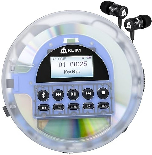 KLIM Journey - Portable CD Player with Long-Lasting Battery - New - w/Headphones - Radio FM - Compatible MP3 CD Player - SD Card, FM Transmitter, Bluetooth - Ideal for Cars - White
