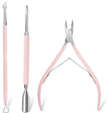 Makartt Coupe-cuticules avec poussoir à cuticules, 3 pinces roses pour cuticules à ongles, pédicure, pince à cuticules en acier inoxydable, poussoir à cuticules à double extrémité, grattoir à ongles