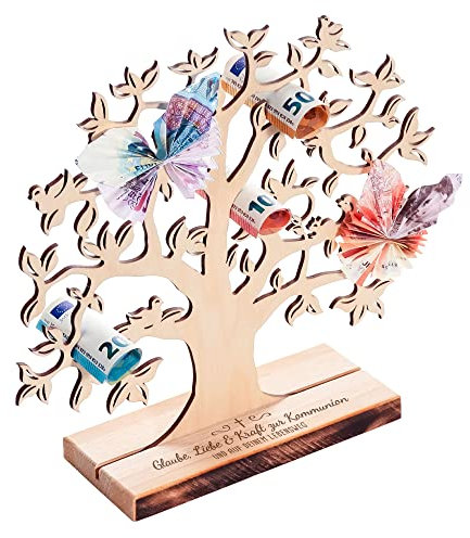 Holz Geldbaum mit Gravur, Kommunionsgeschenk, Lebensbaum Deko, DIY Verpackung für Geldgeschenke, Geschenk zur Kommunion, Geldgeschenk, Geld Holzbaum, Schmuckbaum, Kommunionsgeschenke, Baum Deko