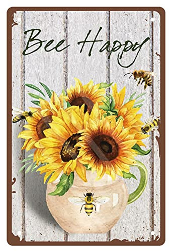 CREATCABIN Bee Happy Metal Tin Sign Sunflower Flower Vase Metal Wall Decor Art Poster Vintage Iron Painting Retro Plaque for Home Bedroom Living Room Garden Yard Indoor Outdoor 12 x 8 Inch